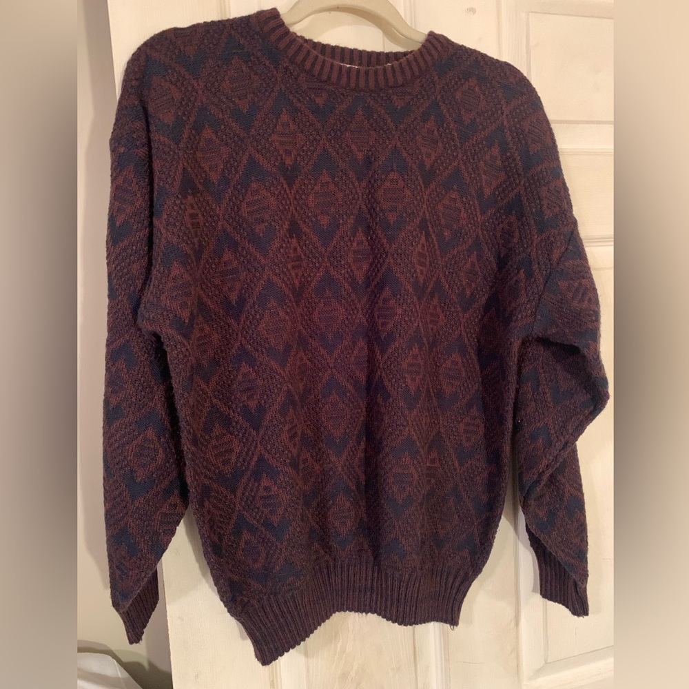 Brown and Black Crewneck Sweater with Geometric Pattern
